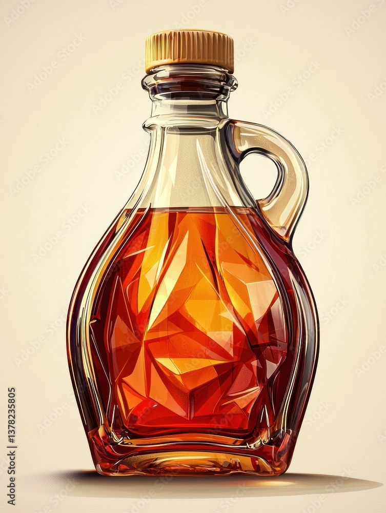 Poster beautifully designed maple syrup bottle with unique geometric shape and golden lid on light backgrou