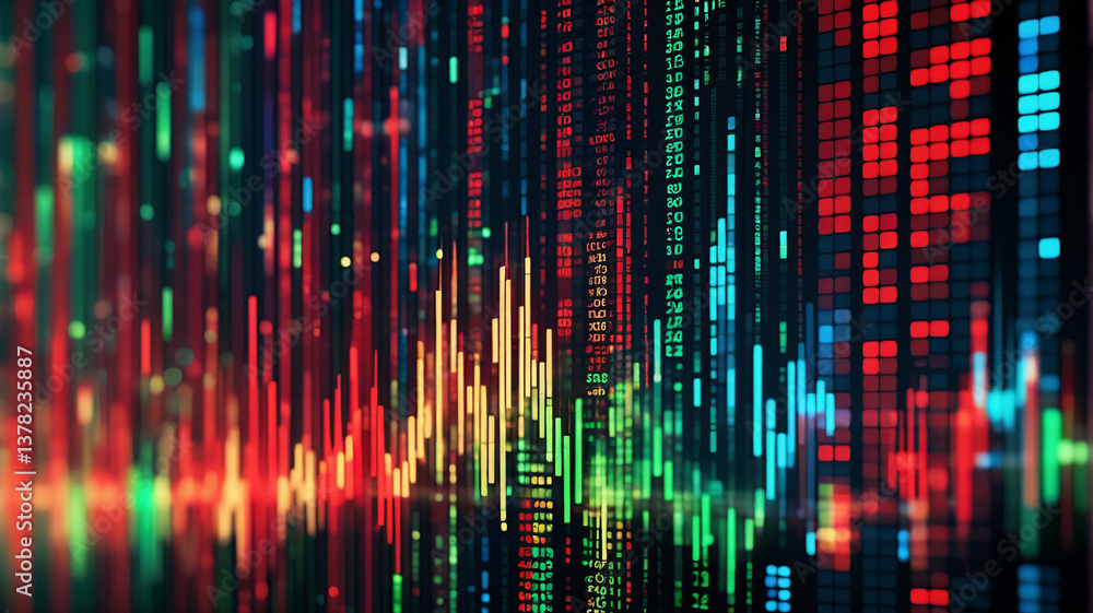 Poster Abstract digital image with vertical lines and colorful blocks creates a dynamic display. Resembles data streams or sound waves in a vibrant technological style.