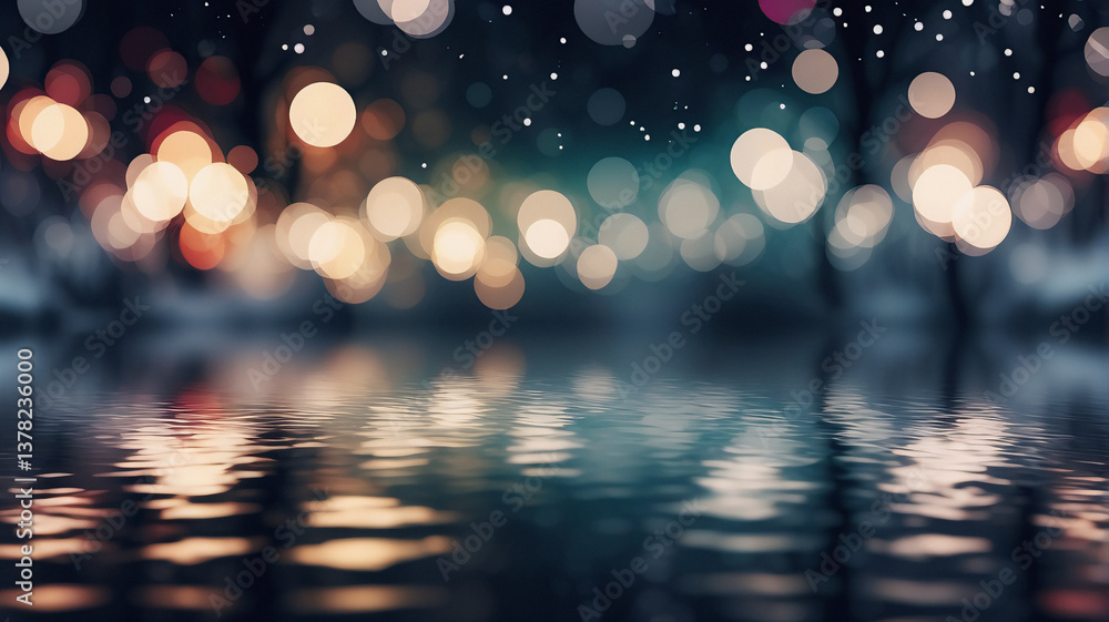 Fototapete dreamy bokeh lights softly blur in a dark, serene scene, reflecting warmly on a tranquil water surfa