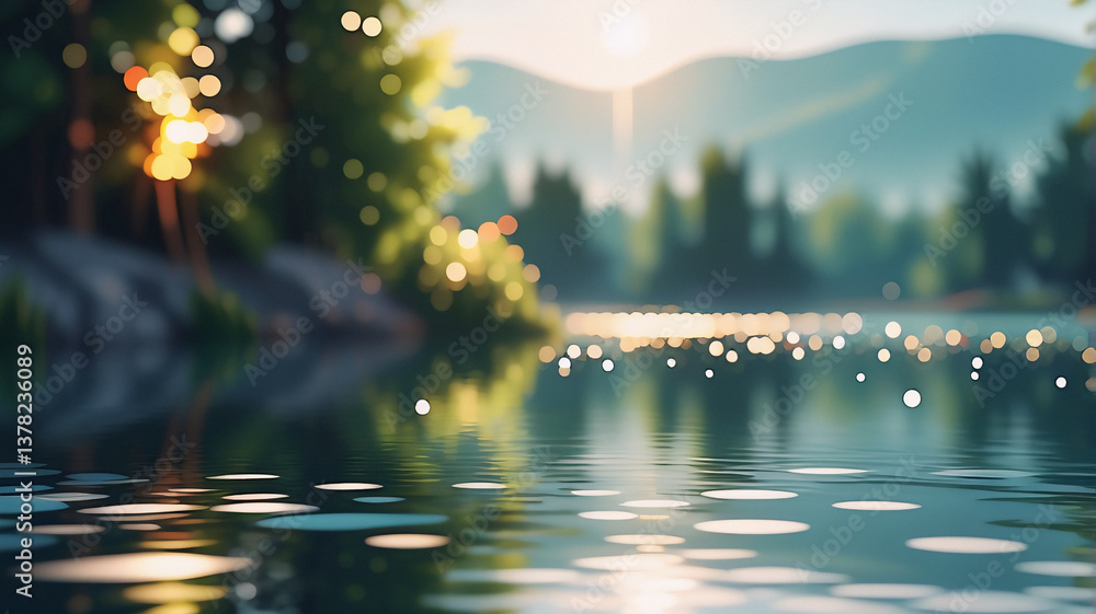 Poster serene lake reflects bokeh lights and soft sunlight, with trees lining the shore and mountains in th