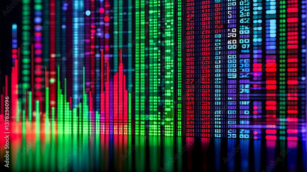 Aufkleber Bright digital display with vertical lines and vibrant colors like red, green, and blue. Data visualization with a reflection effect. Futuristic tech screen showing abstract information.