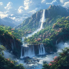 Majestic waterfall cascades through lush mountain valley with vibrant foliage