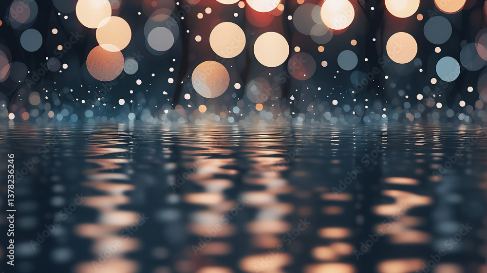 Poster abstract image of bokeh lights reflecting on a liquid surface, creating a dreamy and ethereal atmosp