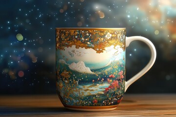 A beautiful decorated ceramic mug against a colorful background
