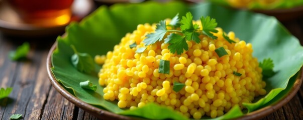 Close-up shot of Rava Upma on a banana leaf plate, topped with chopped fresh cilantro and served with hot tea , vegan option , vegan breakfast