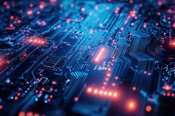 Fototapeta premium Close-up view of a vibrant microprocessor circuit board with glowing components and intricate pathways at night