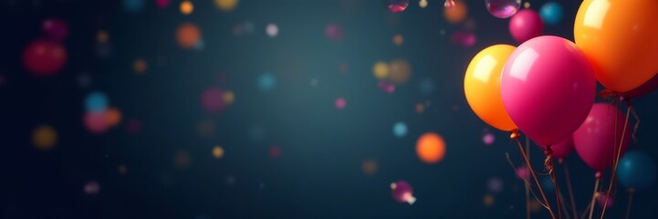 Colorful festive balloons scattered on a dark background with selective focus and ample copy space, decoration for home, sale items