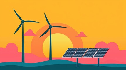 Obraz premium A vibrant illustration featuring wind turbines and solar panels against a colorful sunset, symbolizing renewable energy and sustainability.
