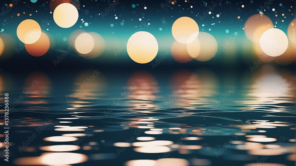 Poster Blurred lights glow above rippling water, creating a dreamy, abstract night scene. Soft focus bokeh reflects on the water's surface, adding a magical, serene ambiance.