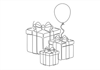 Continuous One line drawing of Birthday Gift box with bow and Balloon. Festive present. Birthday celebration concept isolated on white background. Hand drawn design vector illustration