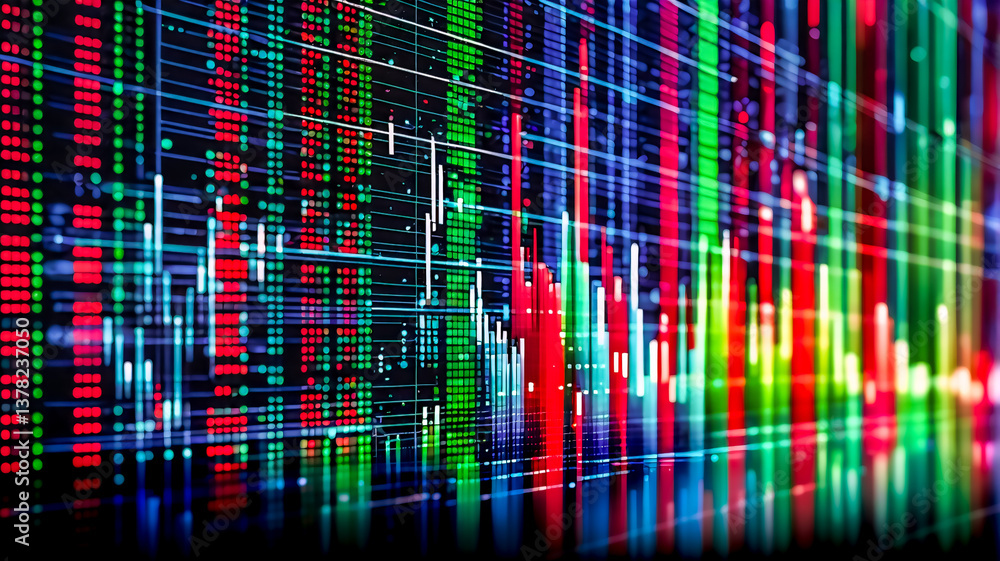 Fototapete abstract digital screen with vibrant vertical lines in red, green, blue, and white hues, creating a 