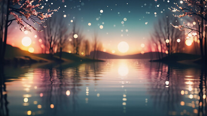 Fototapeta premium A serene landscape at dusk with a calm lake reflecting soft, glowing lights and silhouettes of trees against a colorful sky.