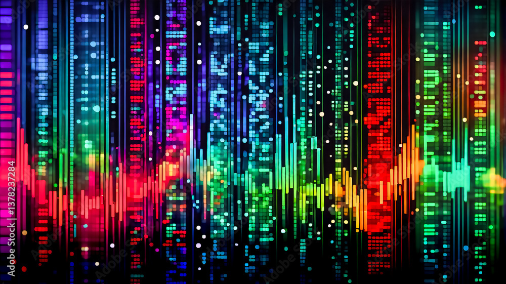Poster vibrant, abstract digital artwork featuring colorful vertical lines and a waveform at the base, rese