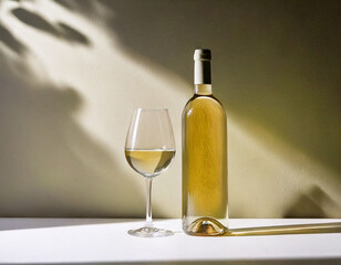unlabeled bottle of white wine and glass against neutral wall with sun shadows 
