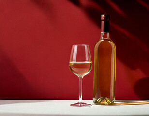 unlabeled bottle of white wine and glass on the white table against red bordo wall with sun shadows 