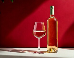 unlabeled bottle of white wine and glass on the white table against red bordo wall with sun shadows 