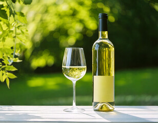 unlabeled bottle of white wine and glass on the white table against green garden with sun shadows 