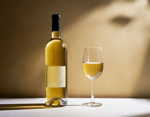 unlabeled bottle of white wine and glass against neutral wall with sun shadows 