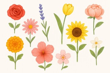 Obraz premium Beautiful Collection of Various Spring Flowers, Floral Elements, Isolated on Cream Background