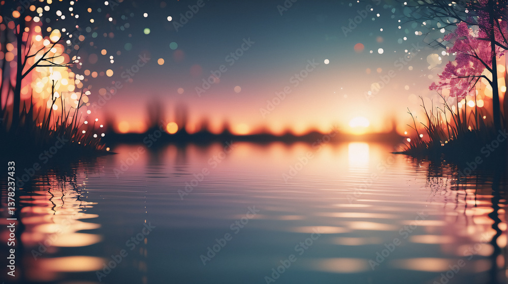 Poster a serene lake reflects the soft glow of a twilight sky, framed by silhouetted trees and gentle bokeh