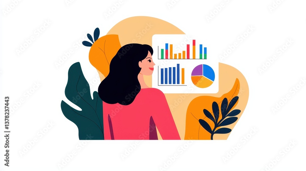 Poster a woman analyzes colorful graphs and charts, surrounded by leafy elements, emphasizing data interpre