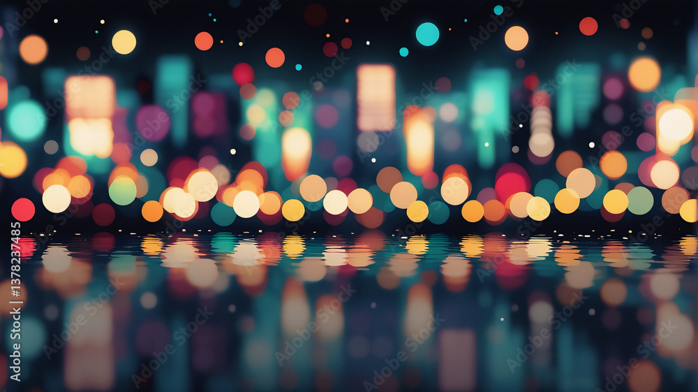 Poster blurred night cityscape with vibrant bokeh lights. colorful circles create an abstract, festive, and