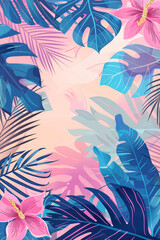 A tropical illustration with tropical flowers, palm leaves. pastel background. A perfect summer vibe for prints, wallpapers, and vacation-themed designs.