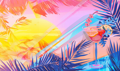 A tropical illustration with cocktail garnished, hibiscus flowers, set against lush palm leaves and a dreamy sunset. A perfect summer vibe for prints, wallpapers, and vacation-themed designs.