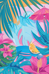 A tropical illustration with tropical flowers, palm leaves. pastel background. A perfect summer vibe for prints, wallpapers, and vacation-themed designs.