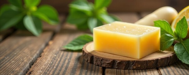 Eco friendly soap bar on wooden table surrounded by recyclable materials , green, soap