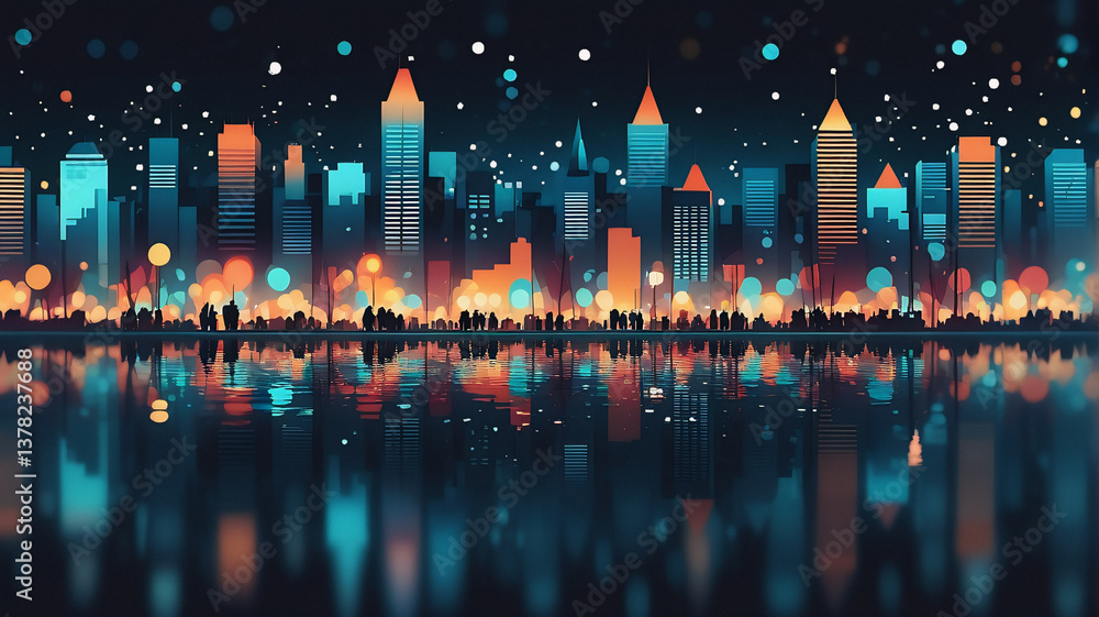 Aufkleber night cityscape with bokeh lights reflecting on water. illuminated buildings create a vibrant skylin
