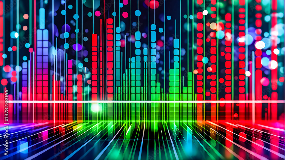 Poster colorful vertical bars in red, green, and blue hues are illuminated against a dark backdrop with bok