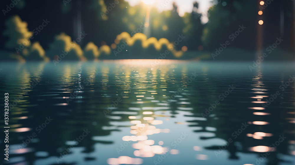 Aufkleber sunlight filters through a lush green forest, illuminating a tranquil lake. the water's surface refl