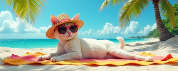 Feline figure in sunglasses and straw hat lounging on a colorful beach towel, with palm trees nearby , beach vacation, beach scene