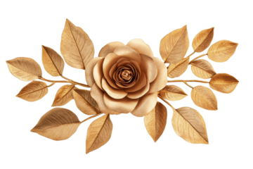 Elegant gold rose with leaves on black background, cut out