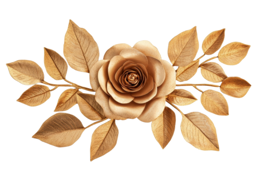 Elegant gold rose with leaves on black background, cut out