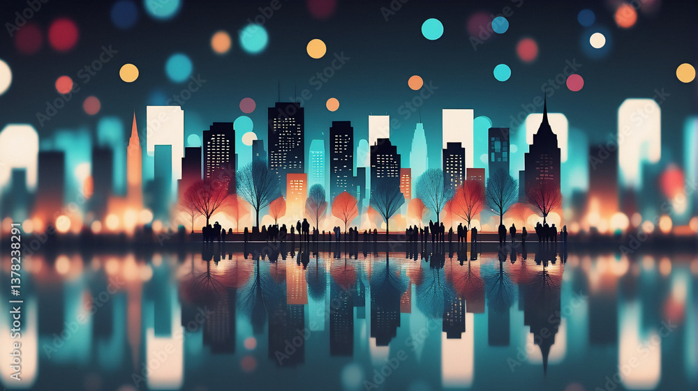 Aufkleber night cityscape with bokeh lights reflected on water. silhouetted buildings and trees create a vibra