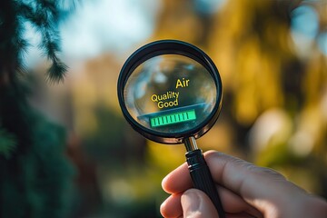 Analyzing air quality; good air quality indicated through a magnifying glass
