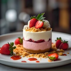 A no-bake mini cheesecake with strawberry flavor, consisting of three layers