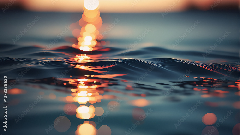 Aufkleber golden light reflects on gentle water waves, creating a bokeh effect. the serene scene captures the 