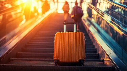 A travel suitcase at the foot of an escalator, blurred background showing travelers in motion.