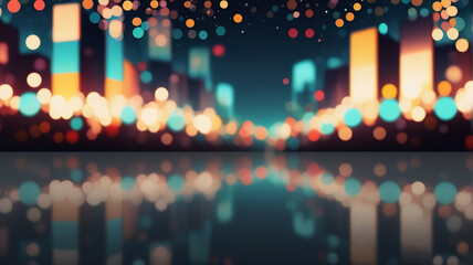 Night cityscape with blurred buildings and bokeh lights. City lights reflect on water, creating a dreamy abstract urban scene.