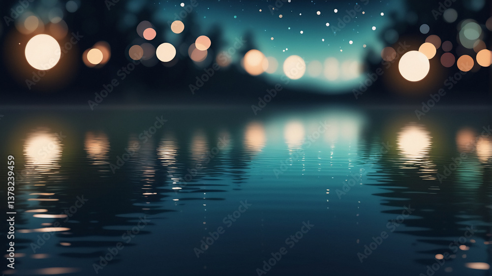 Poster night scene shows bokeh lights softly reflecting on calm water. silhouetted trees line the horizon u