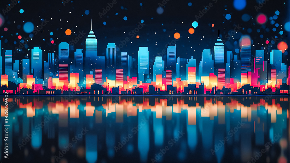 Poster vibrant city skyline at night, bright bokeh lights illuminate buildings with colorful glow reflected