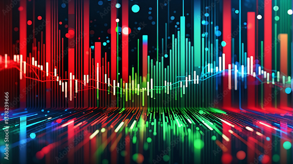 Poster vivid abstract graph with red, green, blue lines and bars against a dark backdrop. dynamic visual re