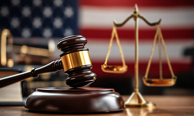  wooden gavel and golden scales on a table against a blurred American flag background