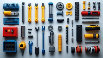 Neatly arranged electrician tools on a white surface, showcasing precision and organization in professional craftsmanship.