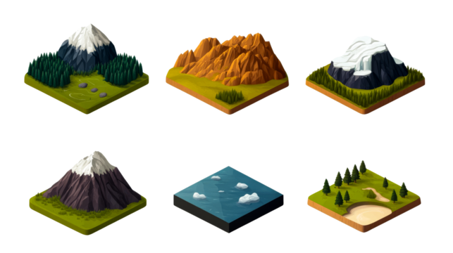 Isometric terrain models, landscape environment set, cartoon style, cut out transparent