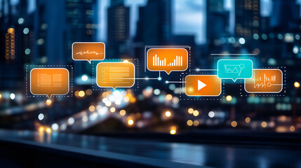 a futuristic cityscape with data analytics interface elements overlaid, representing modern technology and business innovation