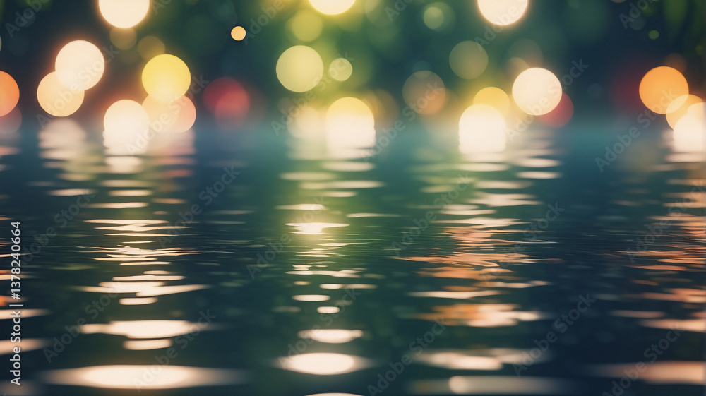 Poster blurred lights shimmer and dance on dark water, creating a mesmerizing bokeh effect. the soft glow r